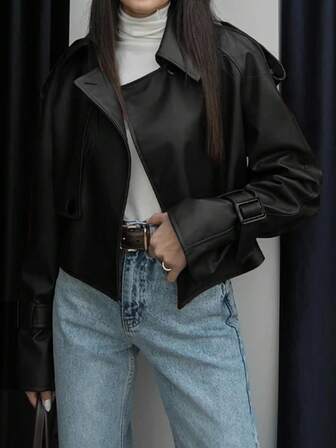 1pc Solid Color PU Leather Faux Button Women PU Jacket, Suitable For Date Night, Everyday Wear, Airport Outfit, Autumn/Winter