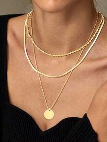 3Layered/Set Golden Plated Layering Necklaces For Women Golden Necklace Set, Cuban Link, Snake Chain, Paperclip Layered Chains, Twisted Rope And Twisted Chain, Layering Necklace - Gold - View 7