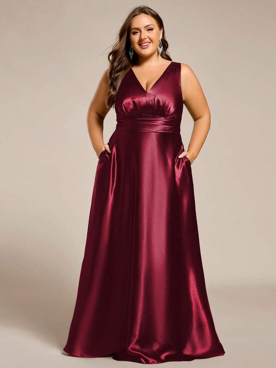 EVERPRETTY 优雅V领无袖缎面酒红色长款伴娘礼服,适合婚礼、半正式派对、婚礼宾客、鸡尾酒会及其他场合。 - 酒紅色 - 查看 1