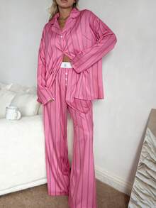 Nina Bonheur 2pcs Women Loose Comfortable Breathable Striped Long Sleeve Top & Pants Lounge Set, Winter Clothes - Watermelon Pink - View 2