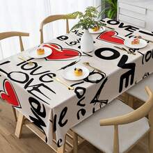 This Valentine's Day Tablecloth Is Made Of Mixed Polyester Fabric In A Rectangular Design, Featuring Hand-Painted Pink And Black/Red Heart Patterns And "Love" Text. It Is Versatile For Use In Homes, Living Rooms, And Cafes. - Multicolor - View 19