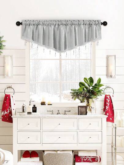 1pc Silver Gray V-Shaped Beaded Short Valance, Minimalist European Style Window Curtain, Suitable For Living Room, Bedroom Windows And Door Decor