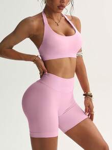 Wrinkle-Free Yoga Set, Women's Sportswear With Impact Force, Gym Shorts And Sports Bra 2-Piece Set, Suitable For Fitness Training High-Waisted Running Short - 粉色 - 查看 5