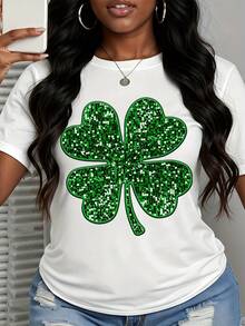 St Patrick's Day Sparkle Shamrock T Shirt Women Lucky Clover Print White Tee St Patrick's Day Outfit Festive Casual Top - 白色 - 查看 2