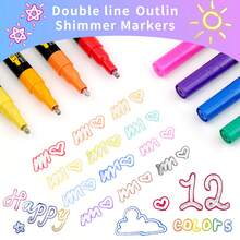 1 pieza Bolígrafo de doble línea con 8/12 colores, marcadores resistentes al agua y de secado rápido para la escritura a mano de niños, dibujos animados, fluorescentes, perlados, adecuados para pintura, tarjetas, lienzos, piedras, madera, manualidades DIY - Herramienta ideal para inspirar la imaginación y la creatividad - Bolígrafo de contorno de doble punta - Ver 11