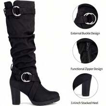 PENNYSUE Women's Knee High Boots, Fashion Chunky Block Heel Warm Winter Boots With Side Zipper For Office And Casual Wear - Da lộn màu đen - Xem 5