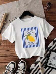 Camia Casual con Eslogan "More Amor Por Favor" para Mujer, Versátil, de Manga Corta, Transpirable y Cómoda - Blanco 2 - Ver 5