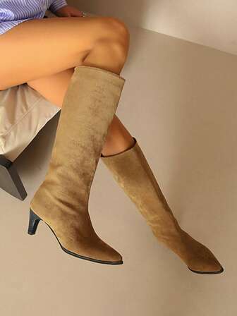 Women's Fashion Boots, 2025 Autumn/Winter New Arrival, Pointed Toe Kitten Heel Retro Tall Boots, Brown, Over-The-Knee Boots, Brown Kitten Heel Tall Boots, Women Boots