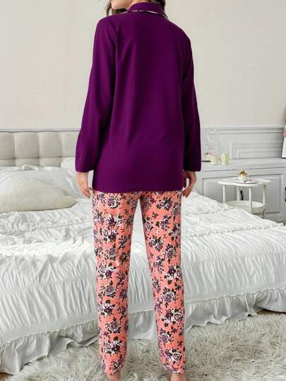 Paars FLOWER Geborduurde Long Sleeve Buttoned Pajama Set view 2