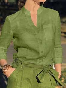 Plus Size Women's Casual Solid Color Button Down Pocket Shirt Long Sleeve Simple Tunic Blouse Top Relaxed Fit For Everyday Fall Winter Spring