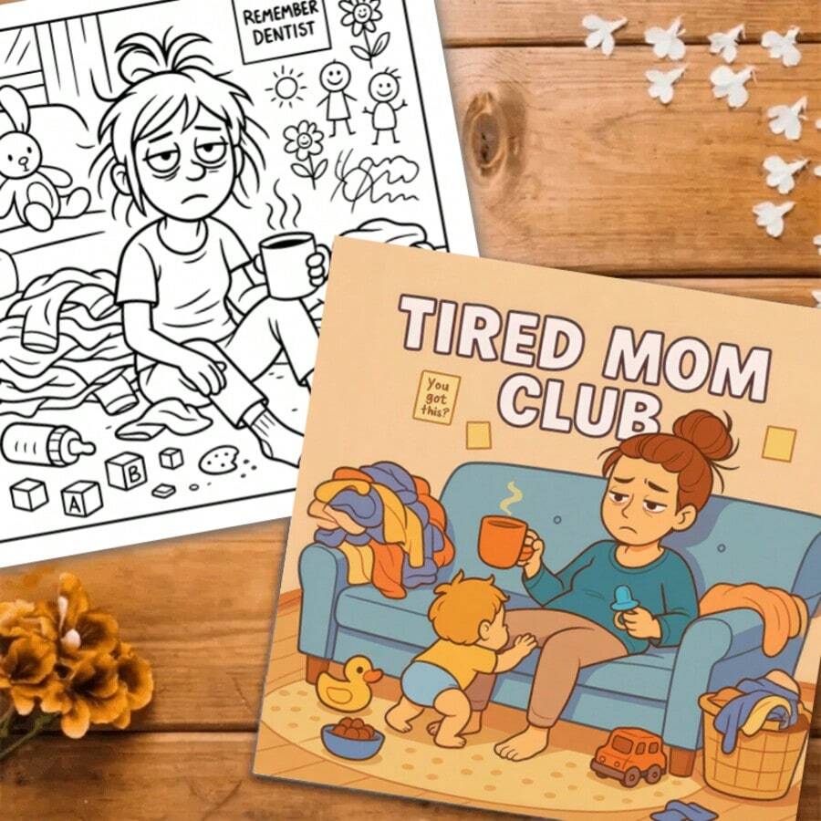 1pc, Tired Mom Club Coloring Book For Adults And Teens, 25 Single-Sided Designs, 20 Cm/7.87 In, Thick Smooth Paper, Drawing & Painting, Perfect For Relaxation And Stress Relief, Gift For Holiday & Party Birthday - Tired Mom Club - View 1