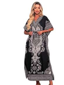 Long Kaftan, Split Fabric, Drawstring Dress, Beach, Vacation. - مشاهدة 2