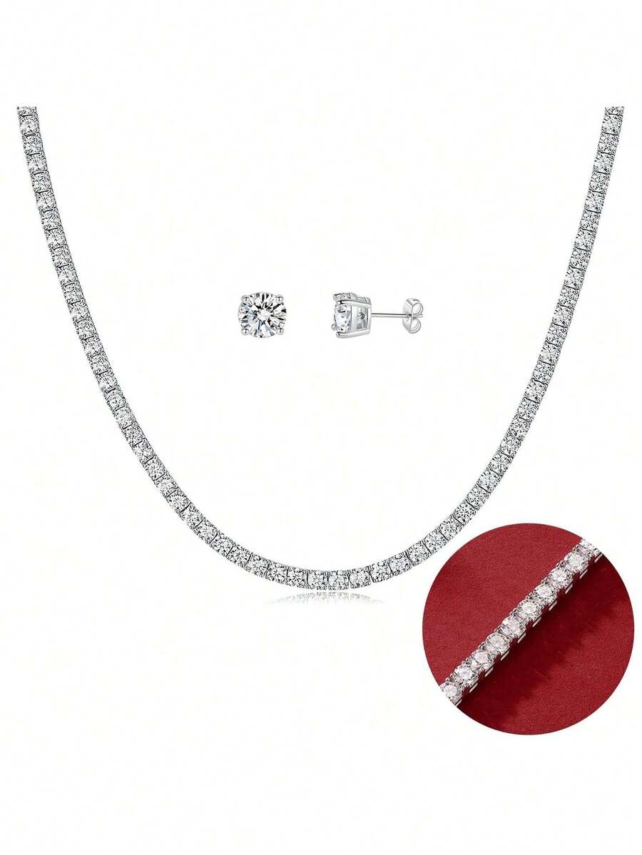 MDFUN 18K White Gold Plated Tennis Necklace And Earrings Jewelry Set, 3mm Round Cubic Zirconia Tennis Chain And 6mm Earrings Set, Unisex - White - View 1