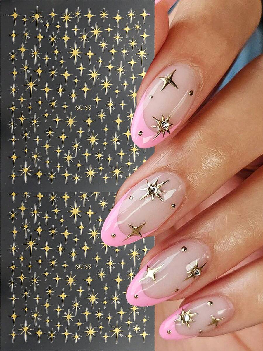 2 Packs 3D Gold Star Nail Stickers, Gold Star Burst Cross Star Nail Art Decals, Y2K Nail Stickers Self-Adhesive Slider Nail Salon Stickers - Gold - View 1