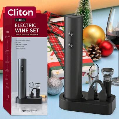 CLITON 5-In-1 Electric Wine Opener Gift Set, Includes Electric Wine Opener, Battery-Operated Corkscrew, Foil Cutter, Pourer, Stopper And Wine Holder Base, Ideal Wine Gift For Birthday, Wedding And Other Occasions