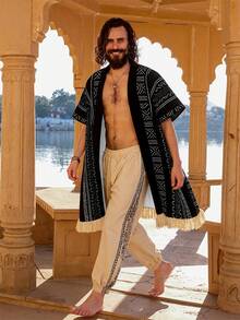 男士黑白印花流苏和服 - 波西米亚风设计，宽松版型，时尚百搭，适合节日造型、波西米亚探险和文化之旅。 - 黑色 - 查看 3