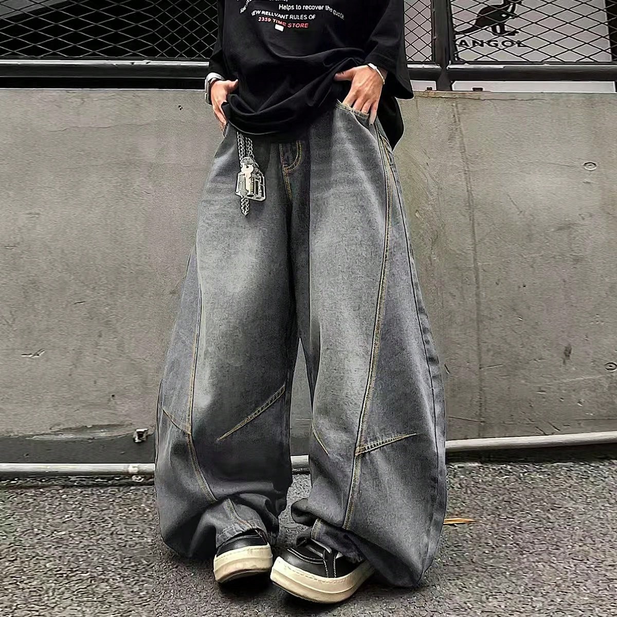 Pieza Jeans rectos con diseño de parches y lavado vintage desgastado de ajuste holgado para hombre (cinturón y accesorios no incluidos)