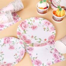 1 set di piatti, tovaglioli e bicchieri usa e getta rosa con rose, per 16 ospiti, adatto per compleanni, matrimoni, feste e picnic in famiglia - Multicolore - Visualizzare 5