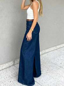 休闲优雅女士阔腿牛仔裤，纽扣细节设计，中长款弹力裤。 - 深色水洗藍 - 查看 4