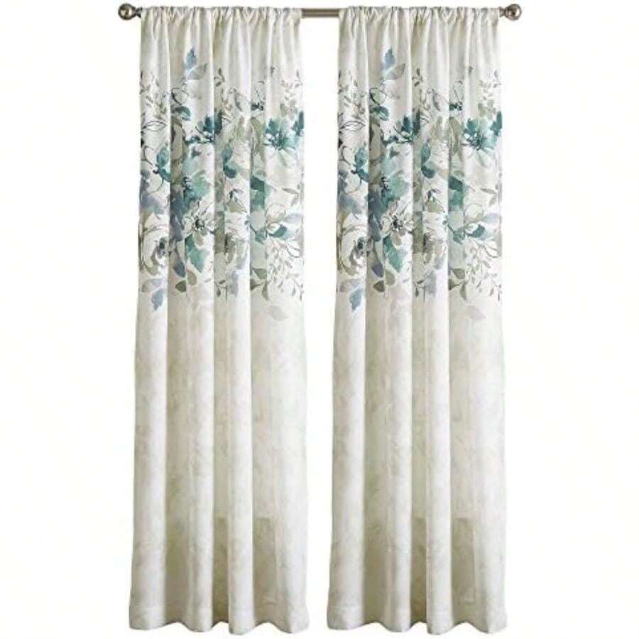 CHF Panel de Cortina Individual con Estampado Floral de Acuarela, Bolsillo para Barra, 84 Pulgadas,(Aqua 127An x 213.4Al cm (1 Paneles)) - Multicolor - Ver 1
