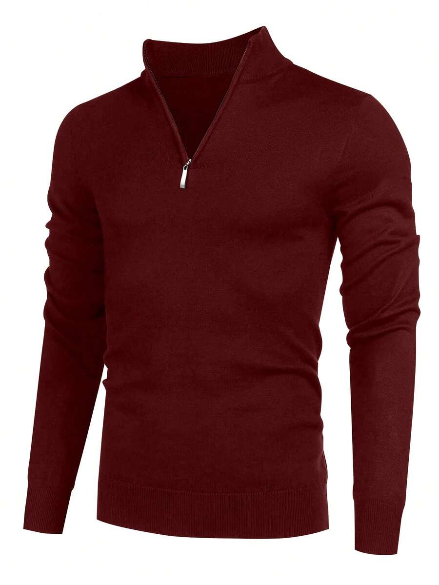 Suéter de medio cierre con cremallera de unicolor para hombre, para otoño e invierno - Burdeos - Ver 1