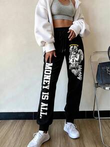 Pantalones informales con cintura elástica y bolsillos, con un diseño estampado de ángeles. - Negro - Ver 2