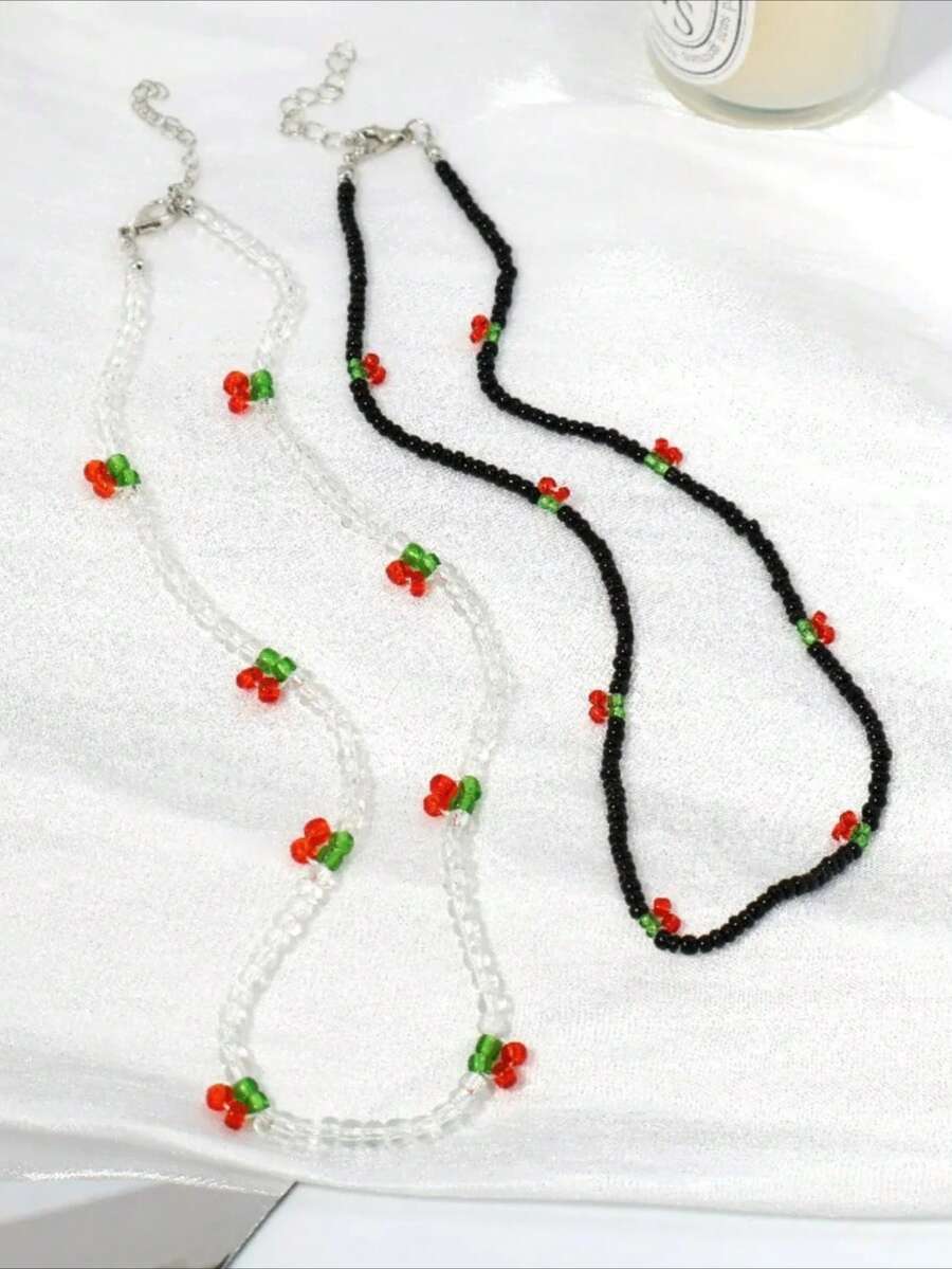 Collar de cuentas de arroz hechas a mano con diseño de cereza, cadena de collar premium dulce y delicada para uso diario y fiestas - Unitalla - Ver 1