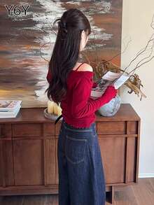 Y6Y 2025新款圣诞红色露肩长袖女式针织毛衣，荷叶边修身套头衫，适合秋冬季穿着 - 紅色 - 查看 3