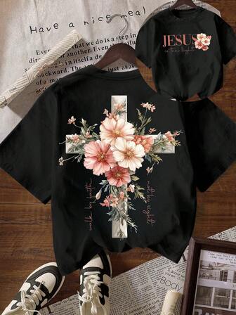 Camiseta negra con gráfico cristiano floral "Jesús es la luz", camiseta de manga corta informal para mujer para todas las estaciones