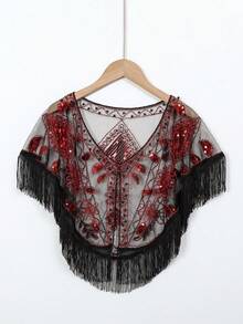 1920s Vintage Sequin Embroidered Tassel Shawl, Elegant Retro Polyester Breathable Mesh Short Cape, Women's Fashion Party Evening Dress Accessory - Multicolor - View 16