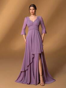 Faeriesty Mosy优雅V领喇叭袖A字型正式礼服，侧开衩设计——适合新娘和新郎母亲出席黑领结晚宴、婚礼招待会、慈善舞会、晚宴和红毯活动。 - 淡紫色 - 查看 4