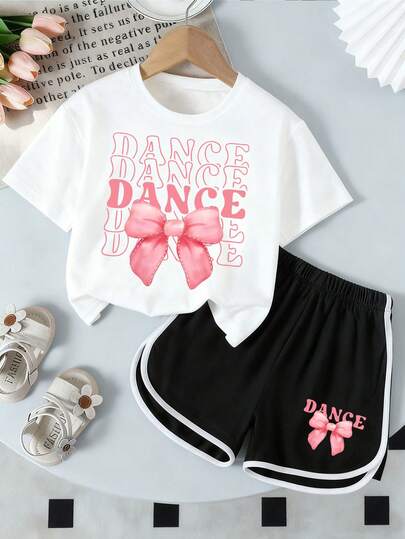 女童卡通印花短袖上衣和短裤套装