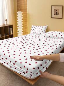 1件装简约红白爱心图案床笠，床垫保护套，情人节爱心床垫罩，柔软透气，适用于单人床、双人床、大号床、特大号床，深口袋设计，最大可达11.8英寸 - 紅白色 - 查看 2