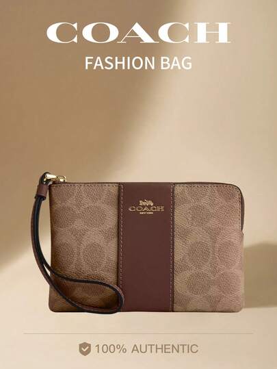 Coach Ví cầm tay PVC cổ điển 16 chữ cái có khóa kéo góc dành cho nữ, ví đựng thẻ RFID, ví đựng điện thoại di động, ví đựng tiền xu có khóa kéo, ví du lịch