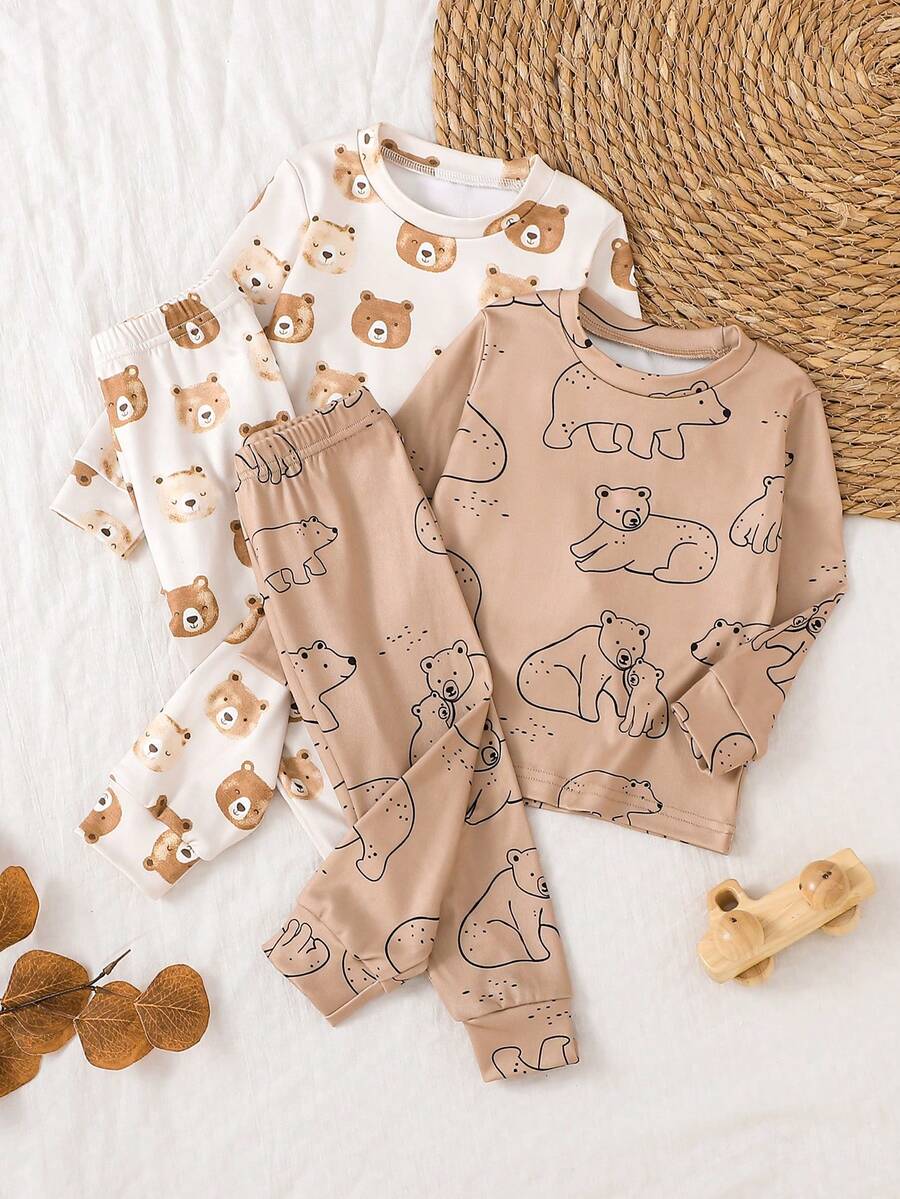 Conjunto de 4 piezas de ropa de estar para bebé de primavera y otoño con estampado completo de elementos lindos de oso, que incluye top de cuello redondo de manga larga, pantalones, adecuado para uso diario con tela cómoda - Multicolor - Ver 1
