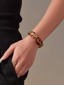 1 Set de joyería vintage con estampado de leopardo, que incluye pulsera de acero inoxidable con nariz de cerdo de resina, aretes y collar, un diseño único - Dorado - Ver 9