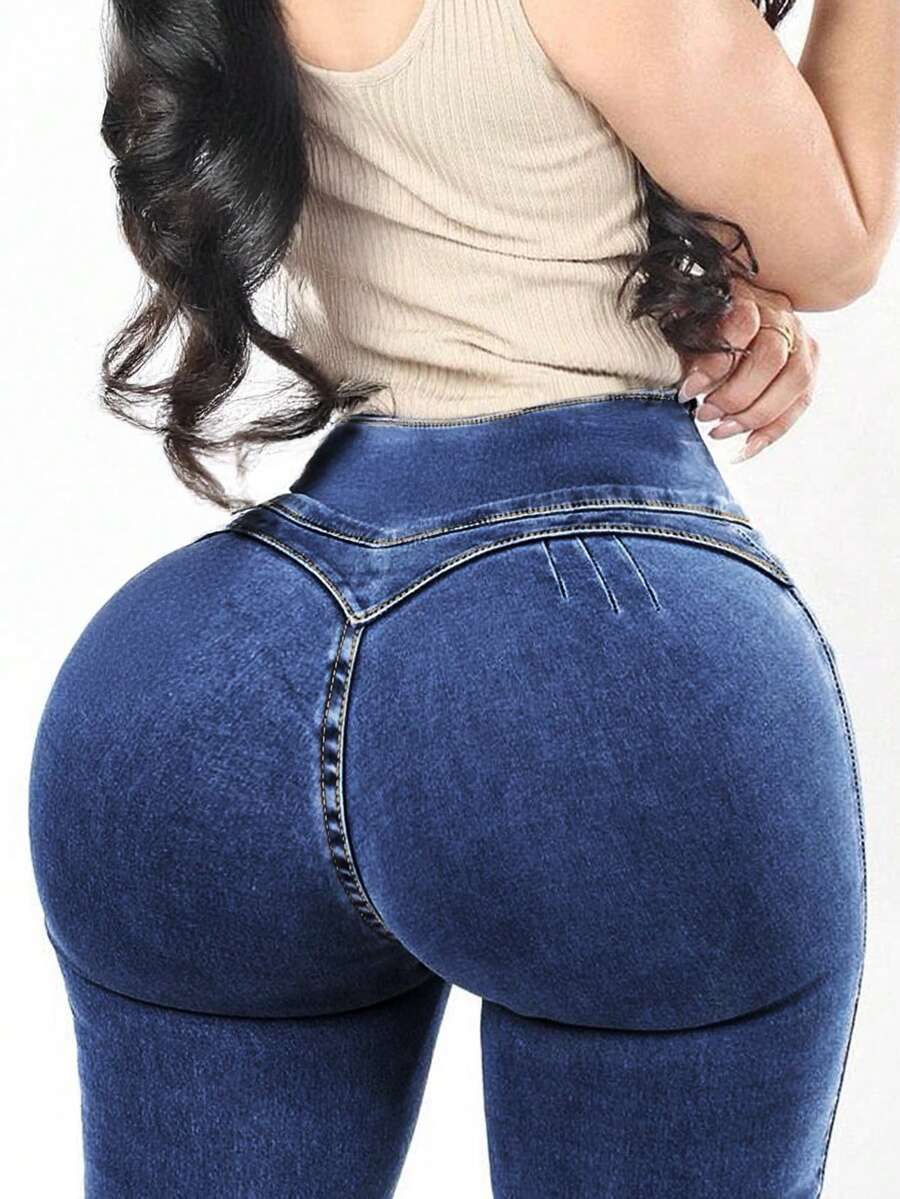 Quần jeans nữ cạp cao, co giãn tốt, có cúc cài, kiểu dáng yoga, màu trơn, thích hợp mặc thường ngày. - Màu xanh đậm - Xem 1