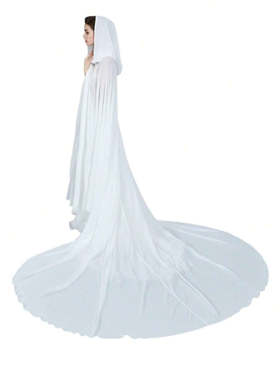 白色雪纺连帽斗篷新娘披肩复古森林女王风格婚纱角色扮演斗篷披肩，适合派对、新娘装扮、摄影道具 - 彩色 - 查看 1