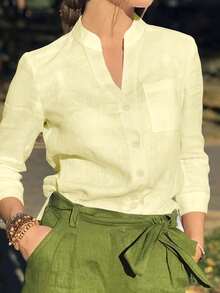 女士纯色V领纽扣衬衫 - 长袖休闲优雅上衣，带口袋设计，适合度假、旅行和日常穿着，春、夏、秋、冬四季必备单品 - 杏色 - 查看 2