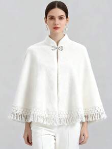 1 قطعة شال عروس جديد من الفرو الاصطناعي، كارديجان قصير أبيض الشراشيب، معطف صيني أنيق دافئ للموسم الخريفي/الشتوي للمرأة البدينة