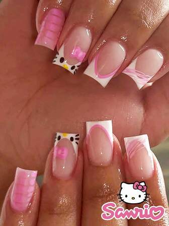  24 ชิ้น เล็บปลอมสั้นทรงสี่เหลี่ยม HelloKitty สีขาว French Sanrio น่ารัก แบบกดติด (พร้อม: เจลลี่กัมและตะไบ 1 ชิ้น) เหมาะสำหรับผู้หญิงใส่ได้ทุกวัน ออกเดท ปาร์ตี้