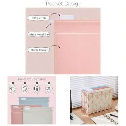 6 Pack Gold Hanging File Folders With Pocket Letter Size Decorative File Folder Cute Pretty Hanging Folder Office Home School With 1/5 - Cut Adjustable Tabs, Inner Storage Pockets