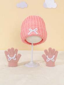 2件組女童幼兒刺繡蝴蝶結針織帽 + 刺繡蝴蝶結手套 2件套 秋冬可愛針織帽套保暖防護套 柔軟刷毛針織套 兒童冬季針織套 - 2pcs刺繡蝴蝶結+手套 - 查看 14