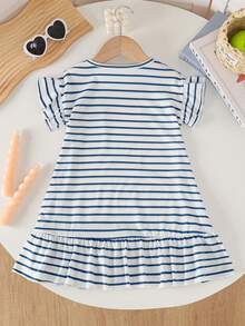 Đầm casual kẻ sọc xếp ly thêu trái tim cổ bẻ cho bé gái nhân dịp Lễ Tình nhân - Màu xanh lam - Xem 2