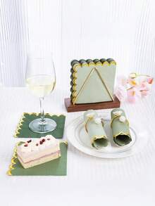 Green Cocktail Napkins With Gold Foil Scalloped Edges, 5 X 5 Inch Party Napkins Disposable Thick Paper For Wedding Dinner Birthday, Shower Dinner Lunch Supplies