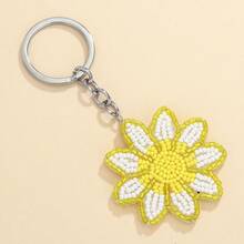 New Small Daisy Beaded Keychain, Bohemian Fashion Sunflower Rice Bead Pendant, Bag Accessories - White - View 2