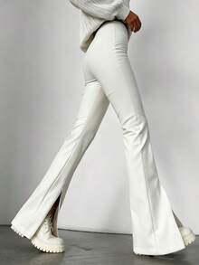 Pantalones con abertura lateral Novedades otoño/invierno Pantalones de cuero con aberturas y parches blancos de cuero sintético Pantalones de cuero acampanados y ajustados muy sexys Pantalones de cuero acampanados con aberturas y cintura alta para mujer - Blanco - Ver 5