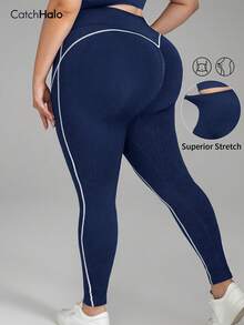 Plus Size Women Side Stripe Seamless Skinny Gym Legging, Butt Lifting Tummy Control Ribbed Yoga Leggings, All Season Fashion Outdoor Workout Outfits - 寶藍色 - 查看 2