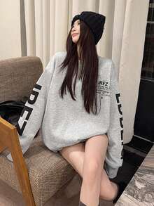 Women's Loose Design Print Warm Sweatshirt Tops, Korean Style, Winter - Grey - View 3