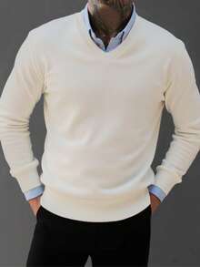 男士V领长袖休闲套头毛衣，秋冬季百搭单品 - 白色 - 查看 1